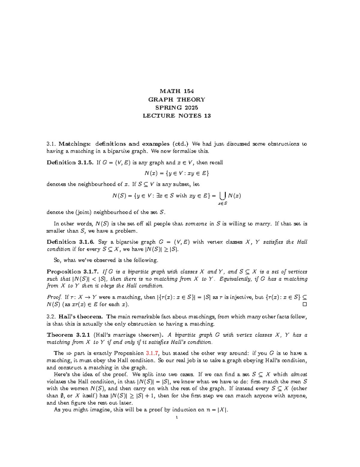 MATH 154 Lecture Notes: Graph Theory - Matchings & Hall's Theorem - Studocu