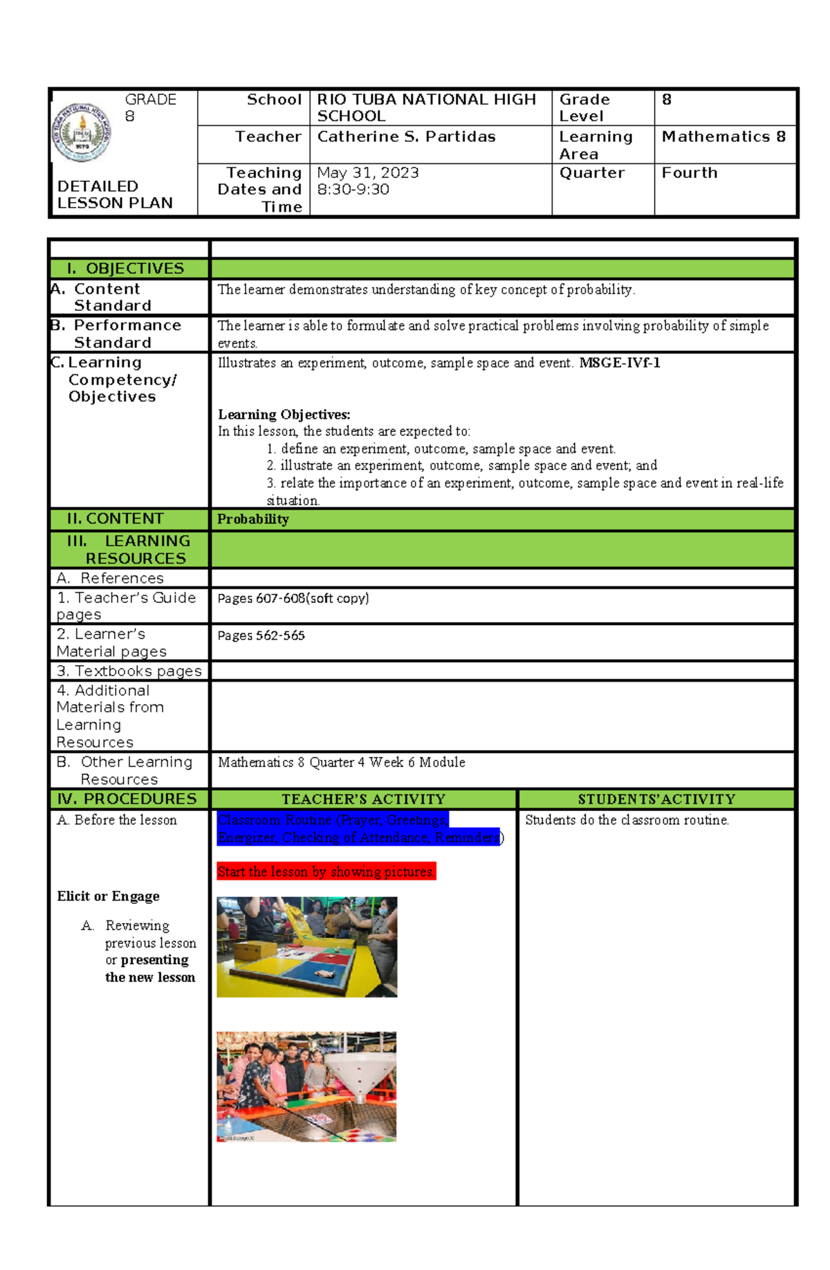 GRADE 8 MATHEMATICS LESSON PLAN: PROBABILITY (Q4 W6) - Studocu
