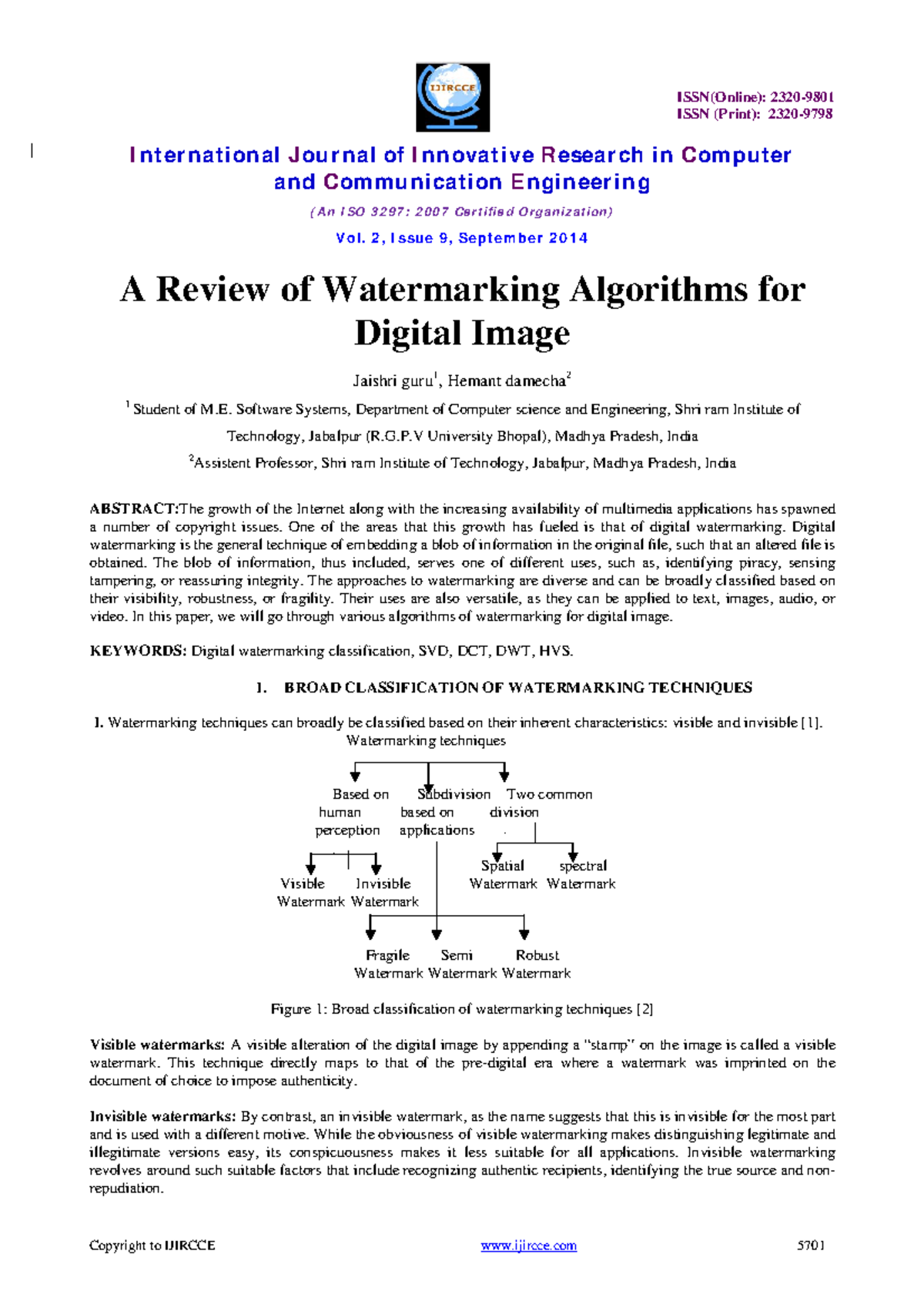 A Review of Watermarking Algorithms for Digital Images (CS101) - Studocu