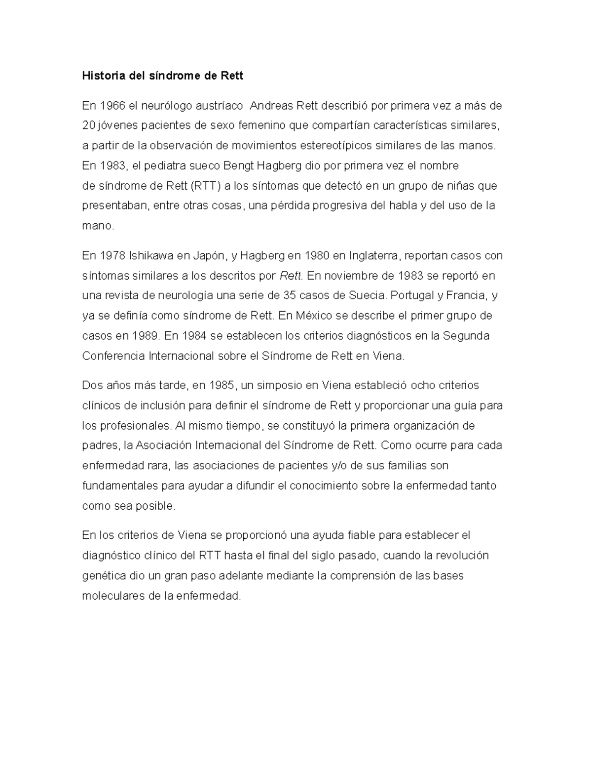 Historia del Síndrome de Rett (RTT): Avances y Descubrimientos - Studocu