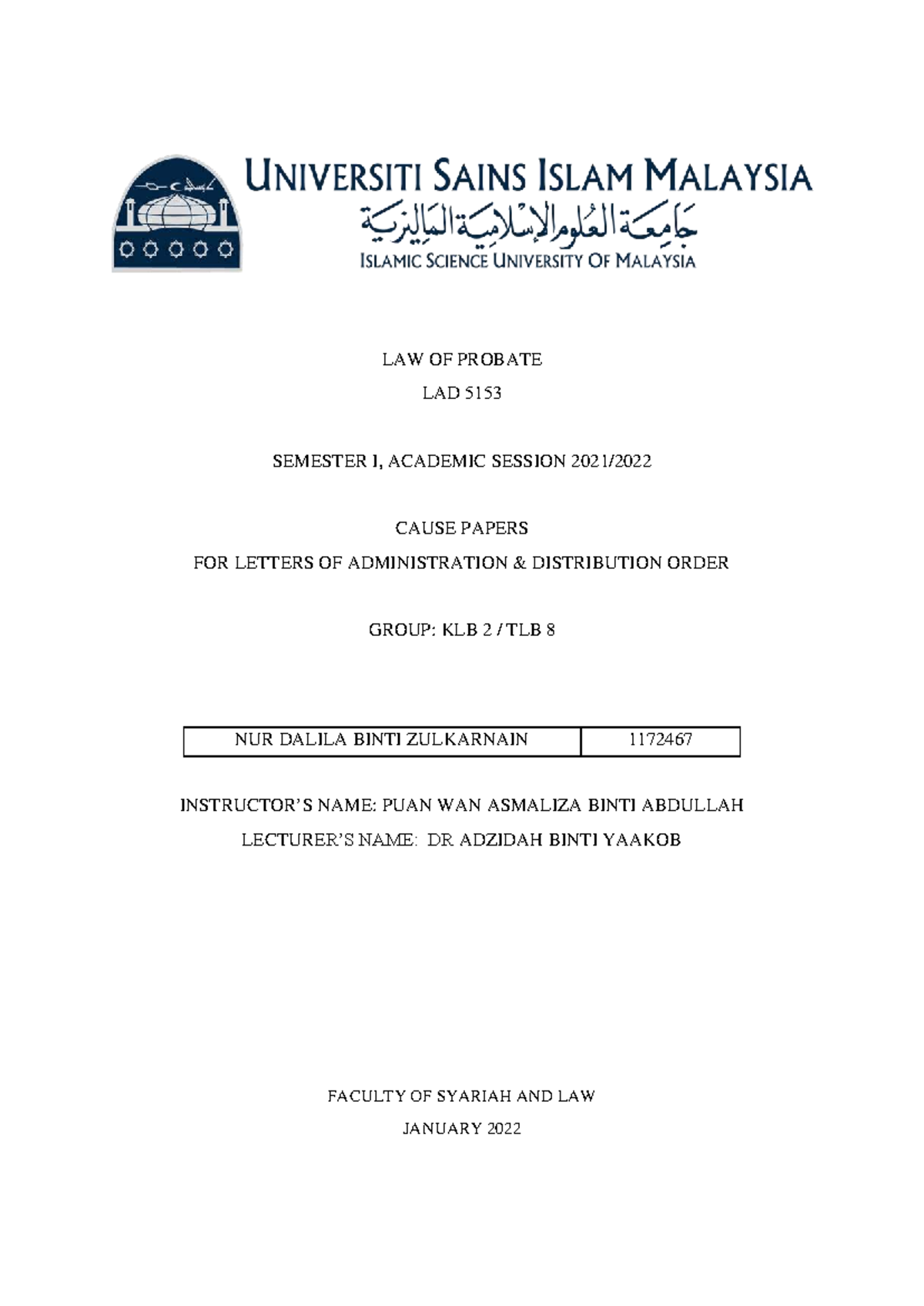 Cause Papers for Letters of Administration - LAD 5153 Semester I - Studocu
