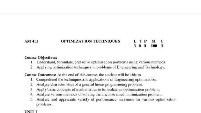 AM 411 Optimization Techniques Syllabus: Course Overview & Units - Studocu