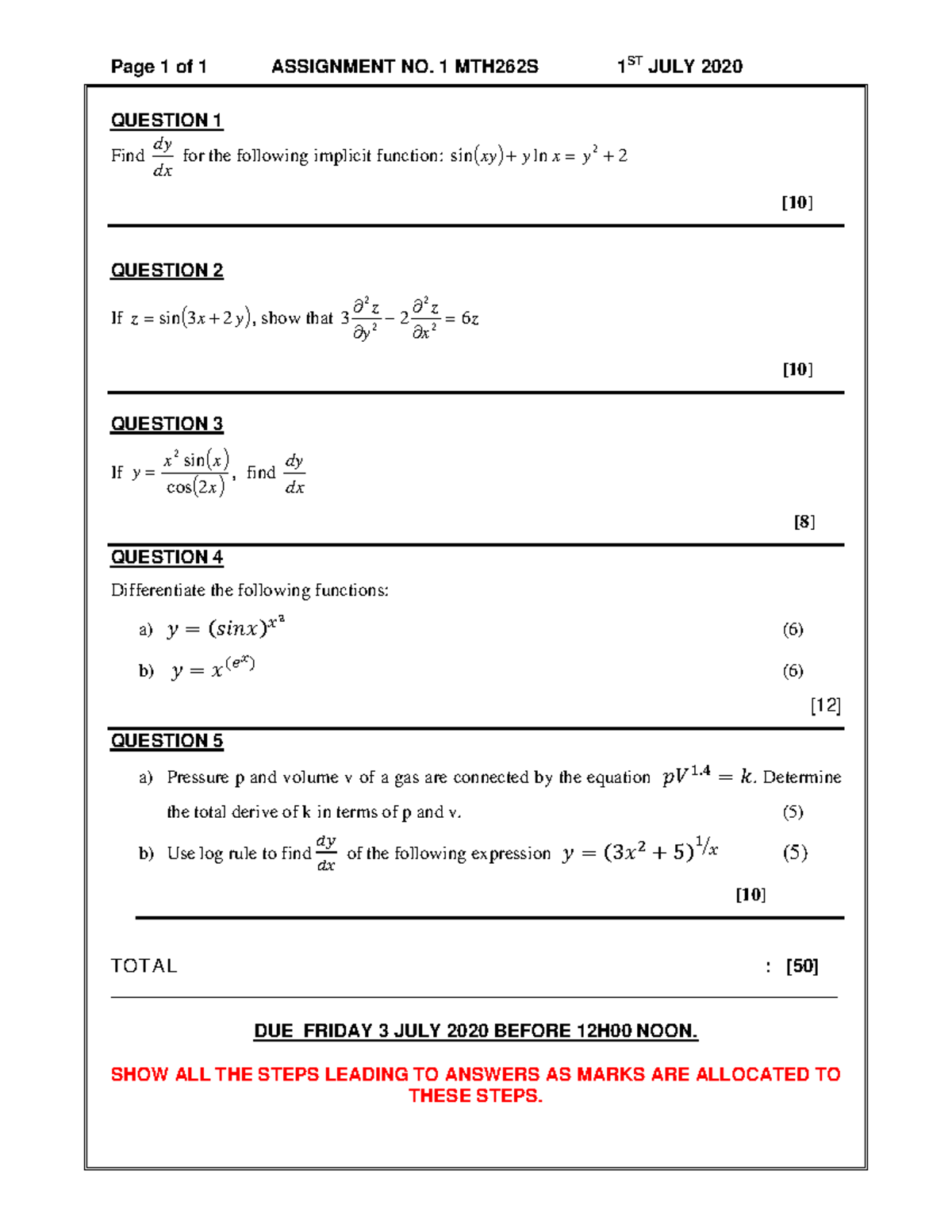 MTH262S Assignment No. 1 - Implicit Functions & Differentiation ...