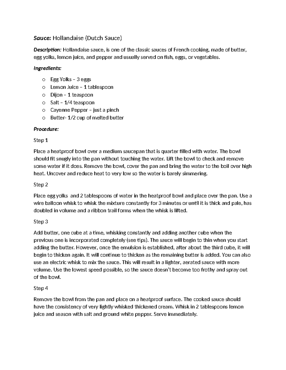 Hollandaise Sauce - lecture notes - Sauce: Hollandaise (Dutch Sauce ...