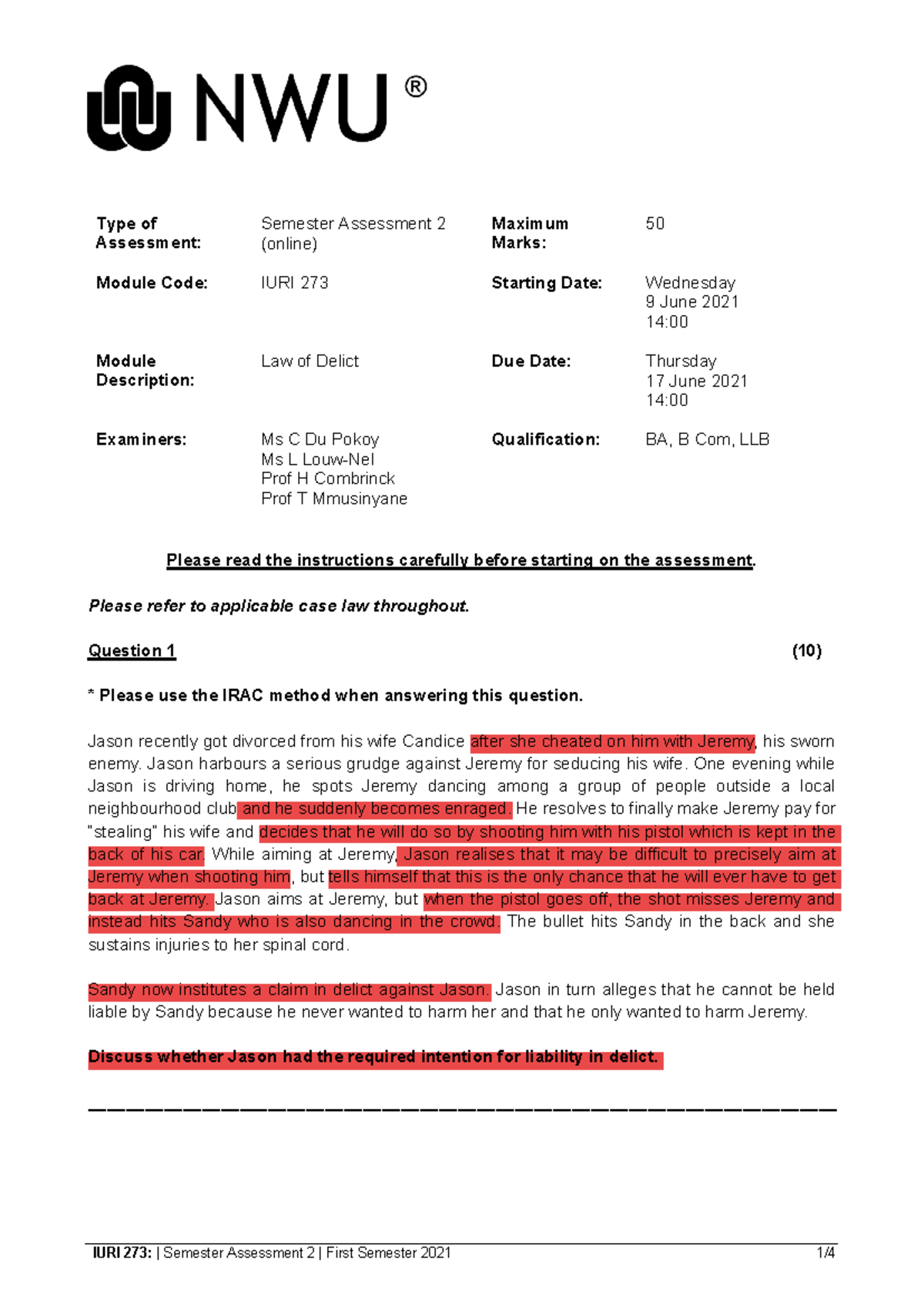 IURI 273 - Semester Assessment 2: Law of Delict - June 2021 - Studocu