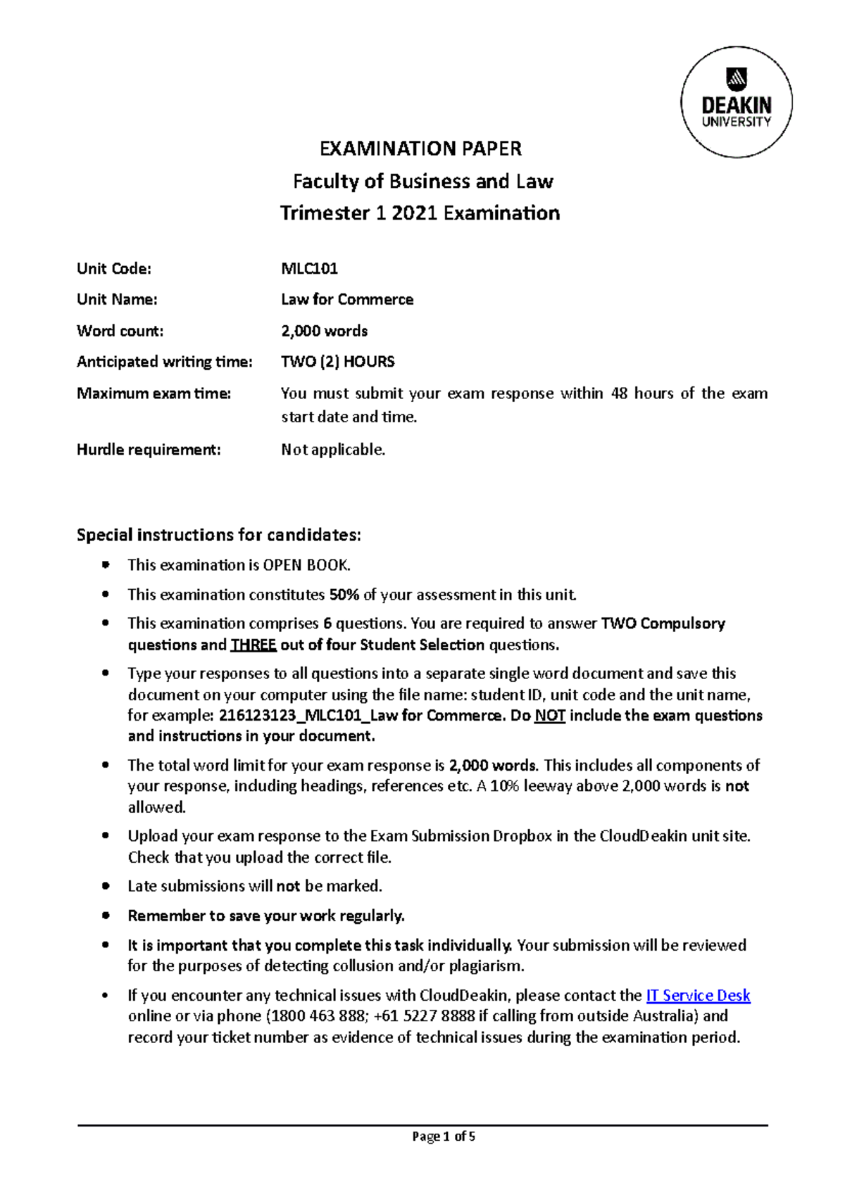 MLC101 T1 2021 Law for Commerce Final Exam Paper - Studocu