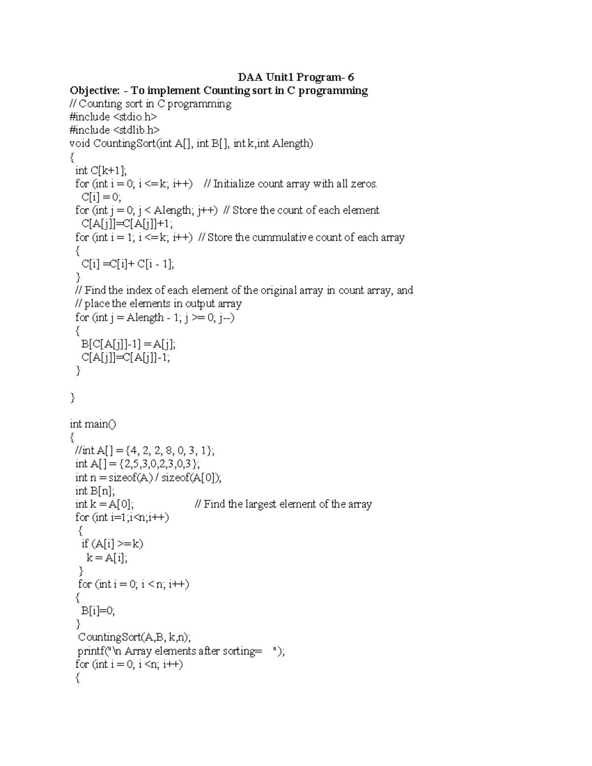 Counting sort - .... - DAA Unit1 Program- 6 Objective: - To implement ...