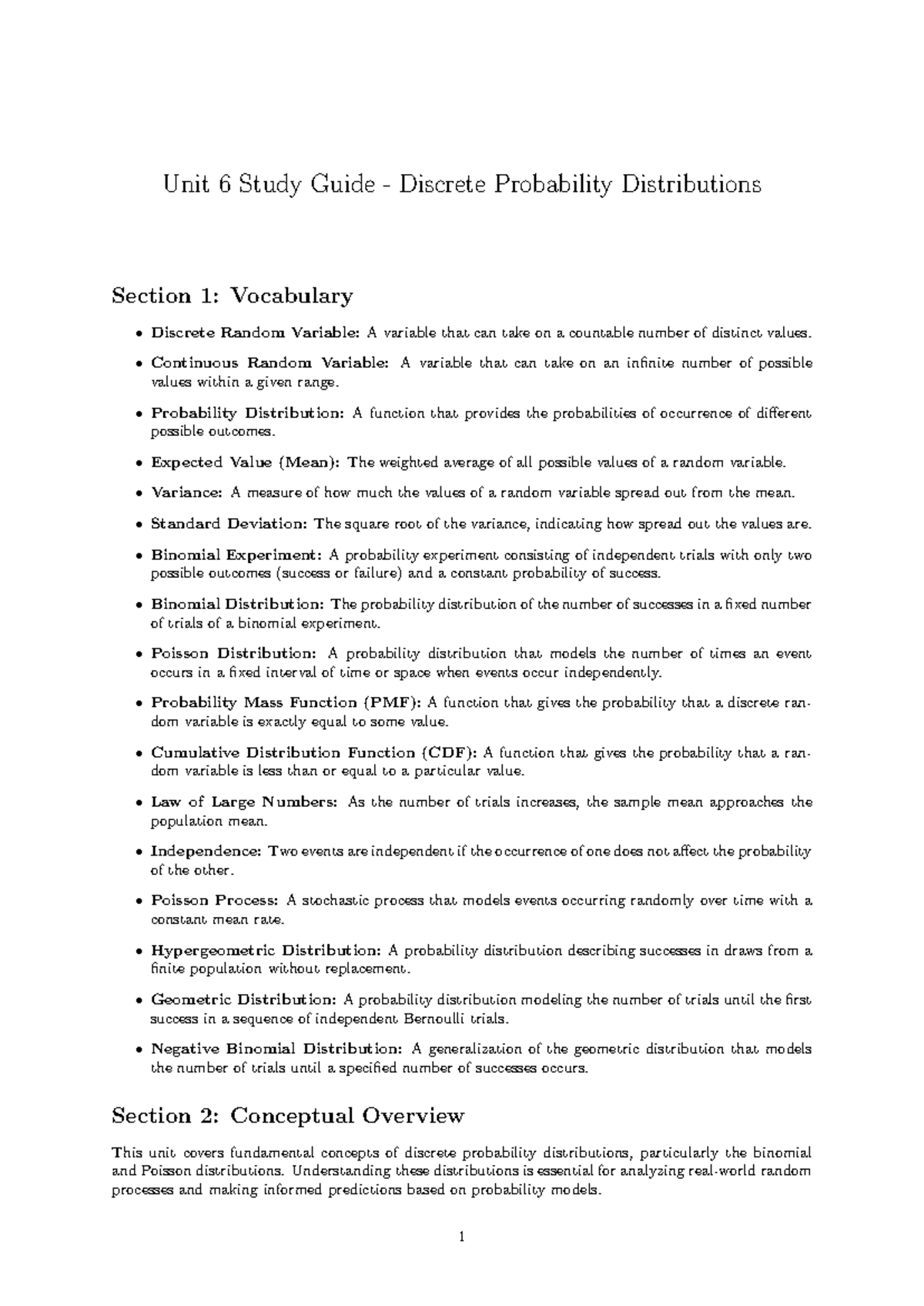 Unit 6 Study Guide: Discrete Probability Distributions Concepts ...