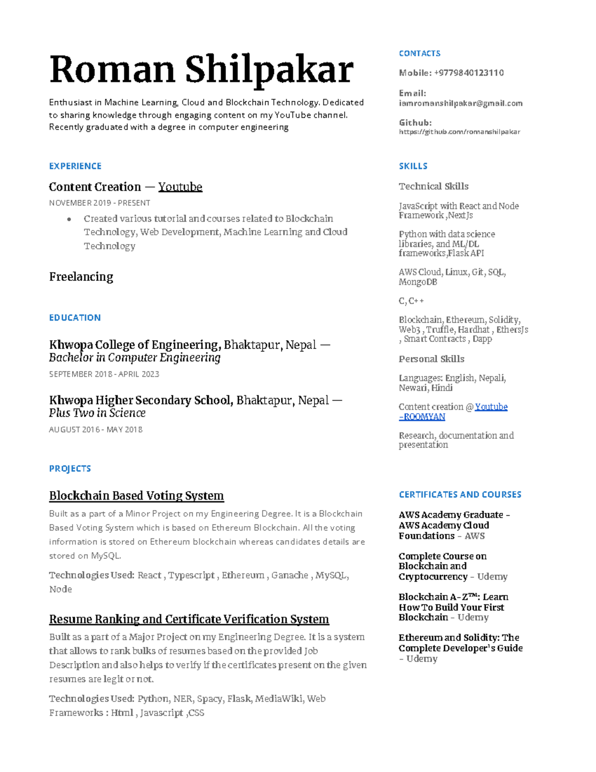 Resume of Roman Shilpakar: Computer Engineering Graduate & Tech ...