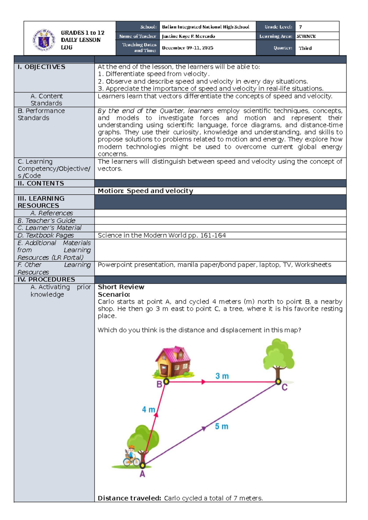 LP SCI7 Daily Lesson Log: Understanding Speed and Velocity - Studocu
