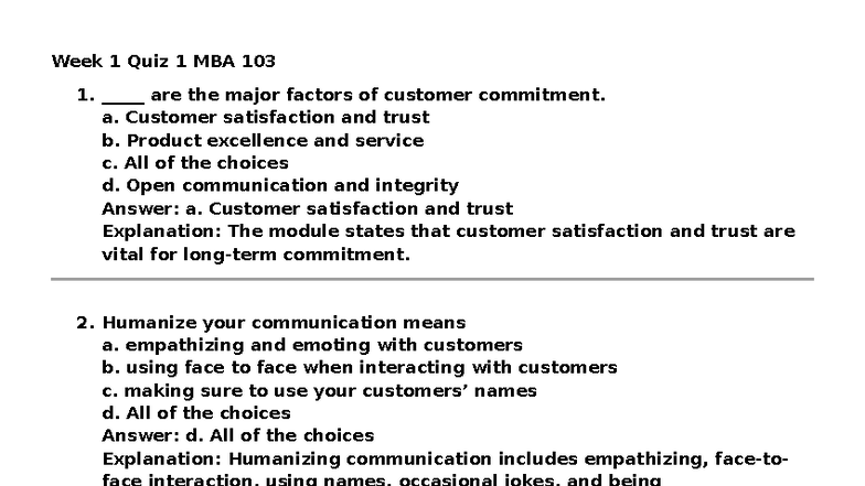 Week 1 Quiz 1 MBA 103 - Key Concepts in Customer Commitment - Studocu