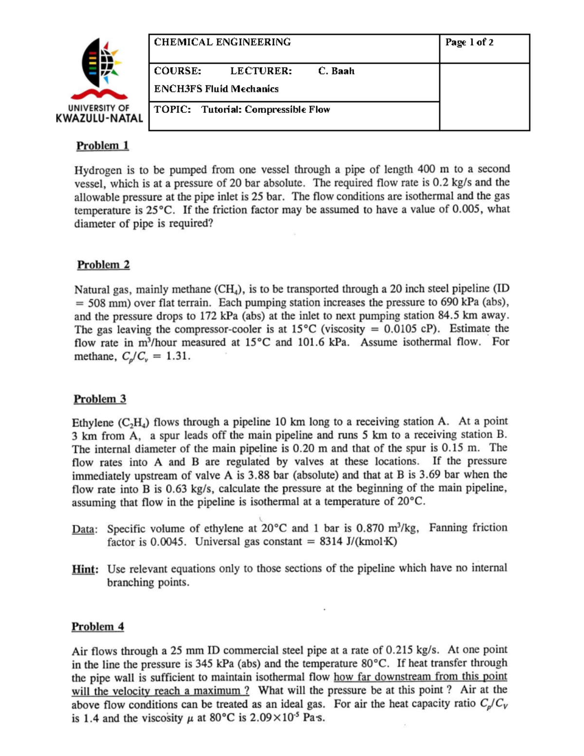 ENCH3FS Compressible Flow Tutorial Notes by C. Baah - Studocu