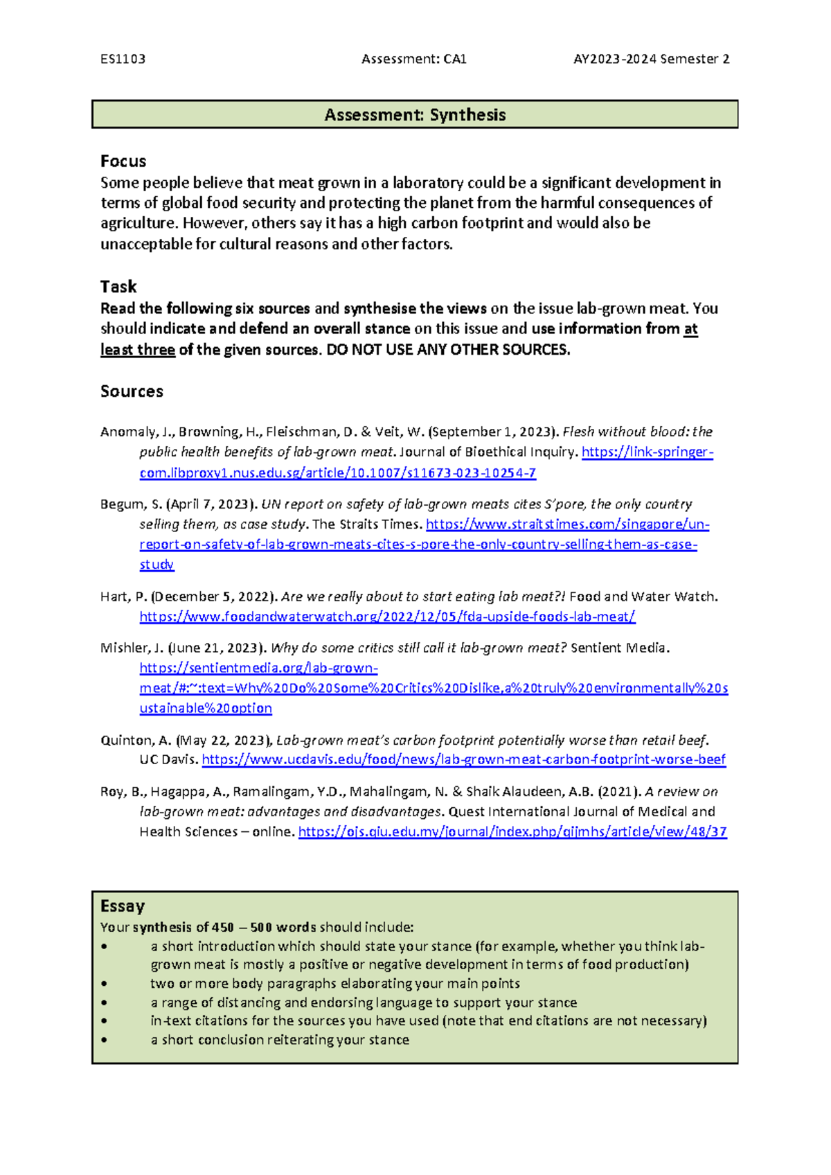 CA1 Synthesis Essay on Lab-Grown Meat Perspectives (AY2023-2024) - Studocu