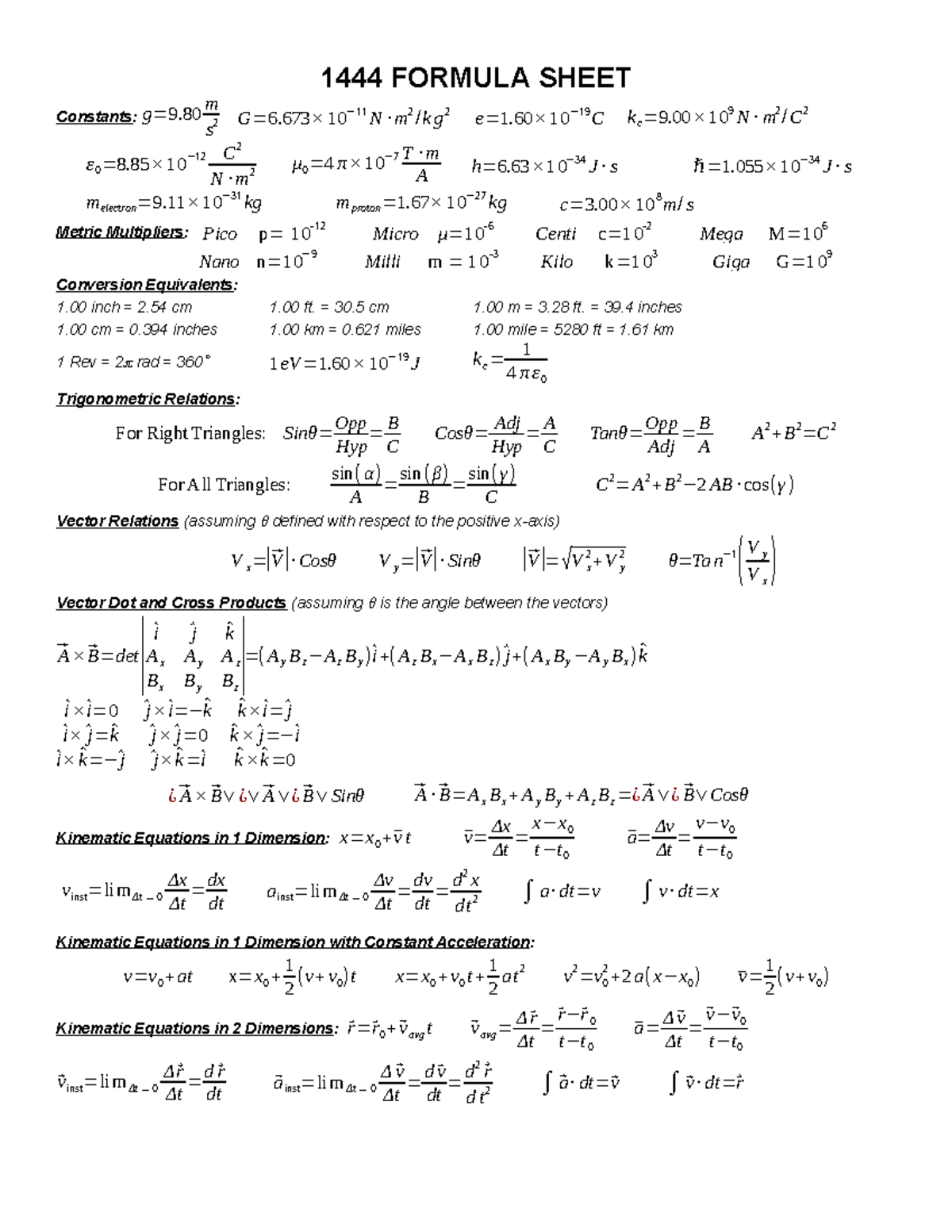 1444 Physics Formula Sheet: Constants, Equations & Conversions - Studocu