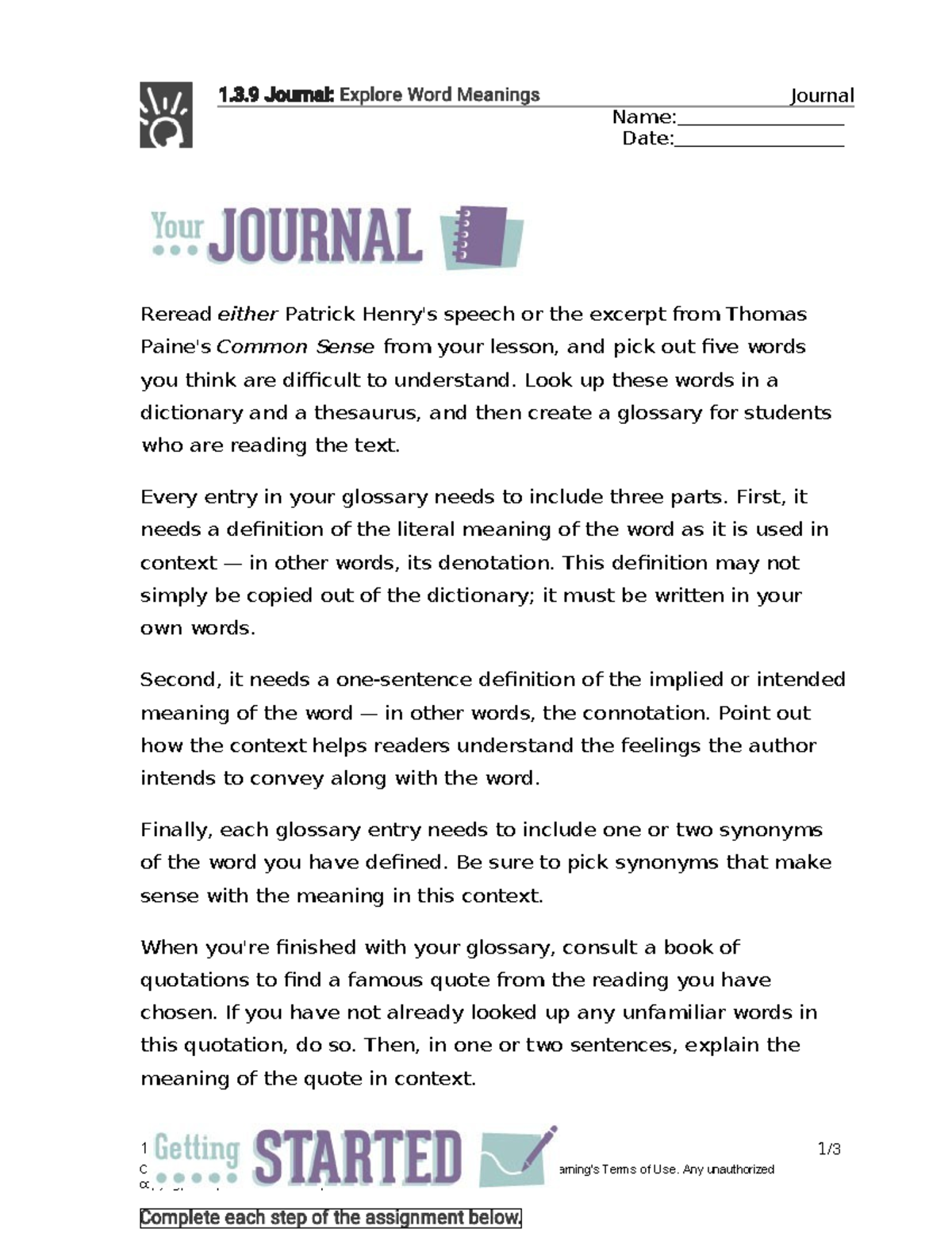 English III Sem 1: 1.3.9 Journal - Exploring Word Meanings - Studocu