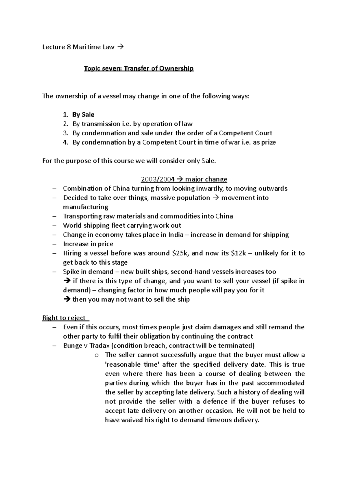 Lecture 8: Ownership Transfer and Sale in Maritime Law - Studocu