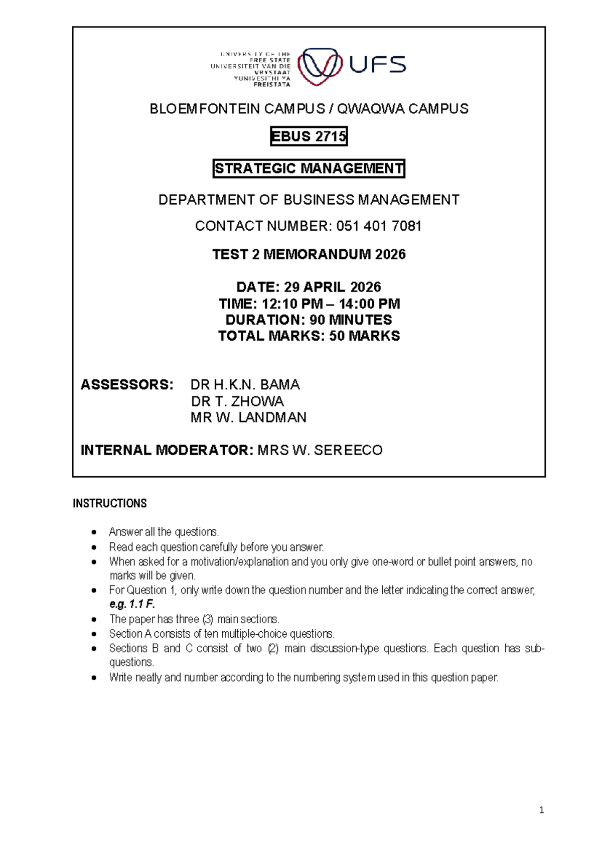 EBUS 2715 Test 2 Memorandum 2026: Strategic Management Insights - Studocu