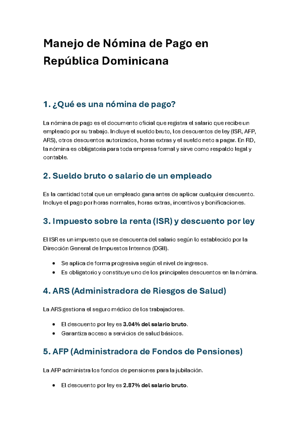 Manejo de Nómina de Pago en RD: Aspectos Clave y Descuentos - Studocu