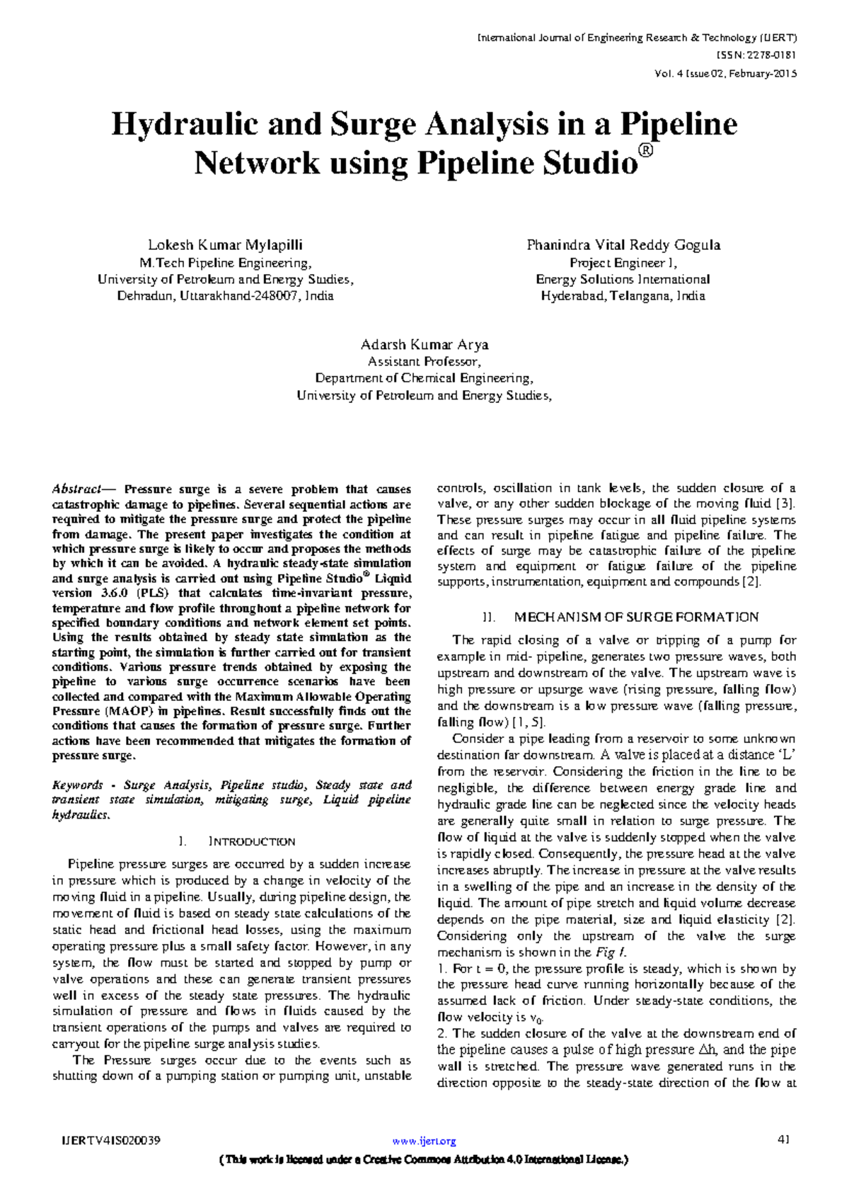 Hydraulic Surge Analysis in Pipeline Networks: A Case Study (IJERT ...