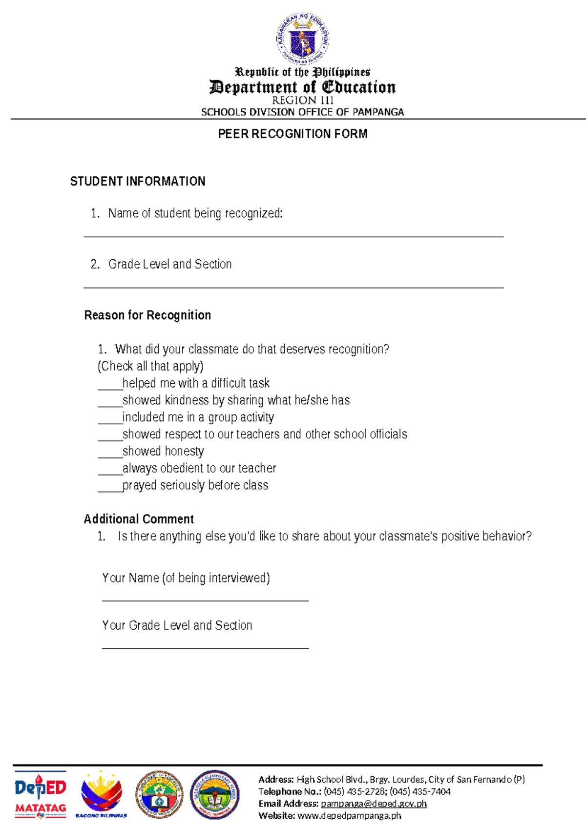 PEER Recognation FORM - hello - Address: High School Blvd., Brgy ...