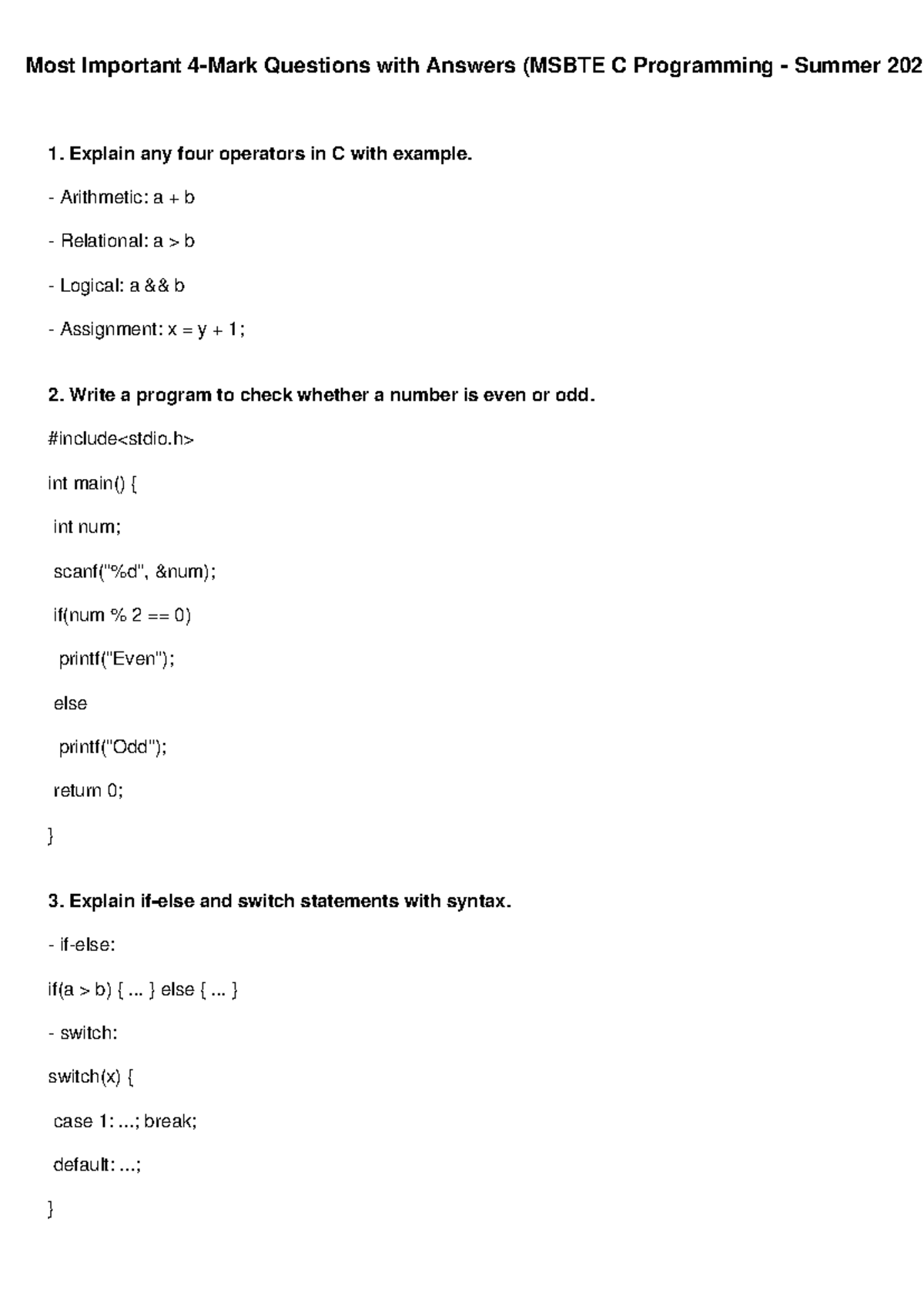 MSBTE C Programming 4 Mark Important Questions Summer 2025 - Studocu