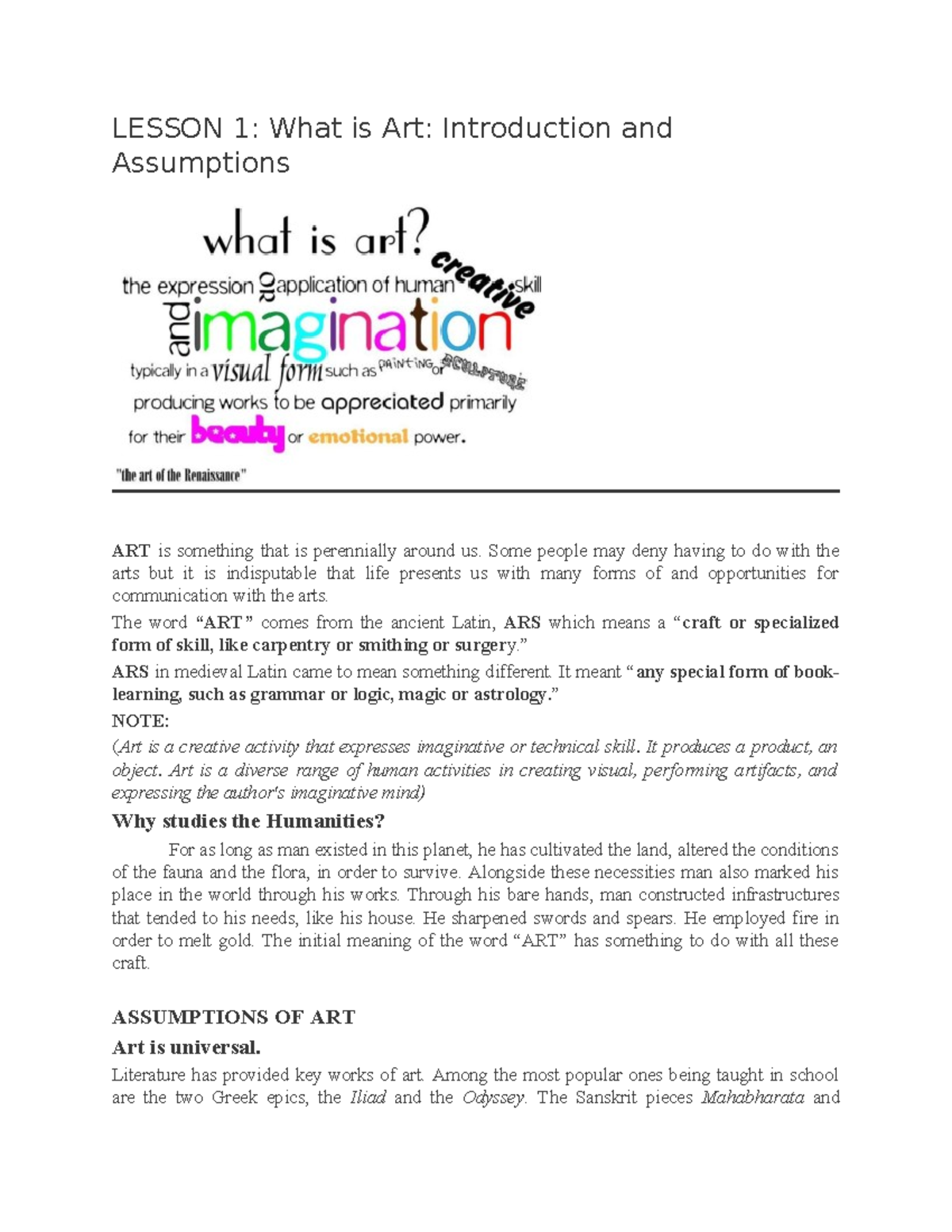 ART 101: Lesson Notes on the Nature and Function of Art - Studocu