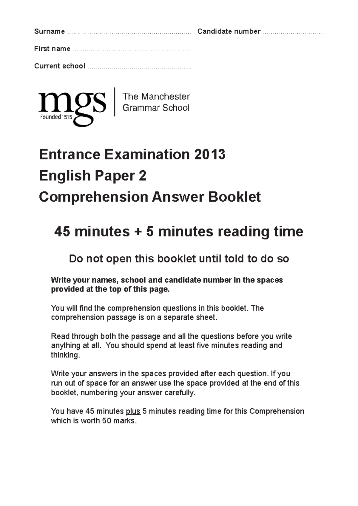 English Paper 2 Comprehension Answer Booklet - Entrance Exam 2013 - Studocu