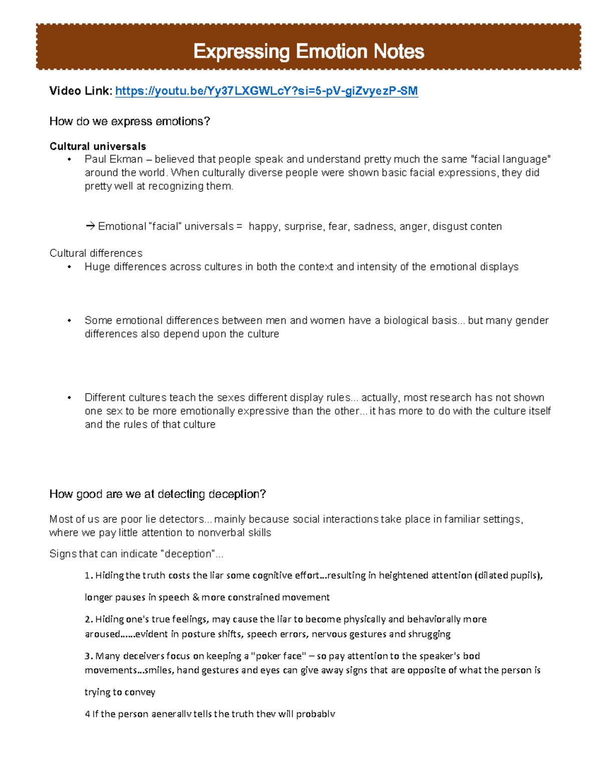 Emotion Video Notes Part 2: Expressing Emotion Insights - Studocu