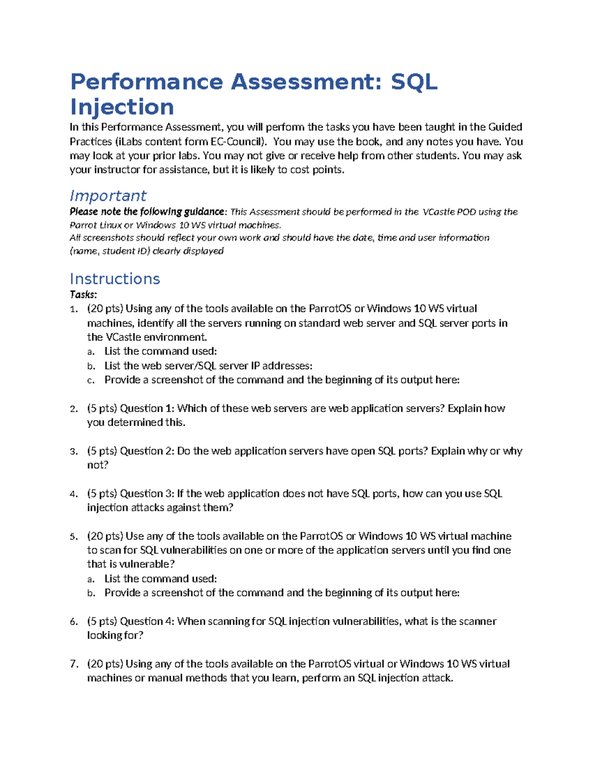 Performance Assessment - SQL Injection - Performance Assessment: SQL ...