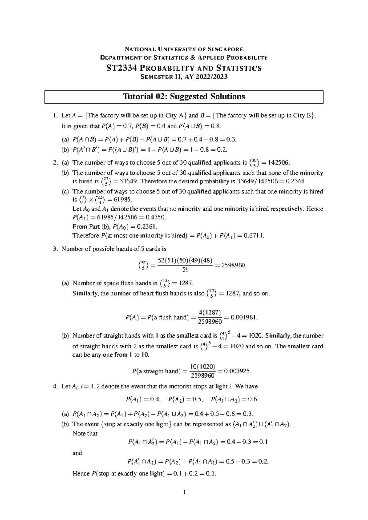 ST2334 Tutorial 02: Suggested Solutions on Probability & Statistics ...