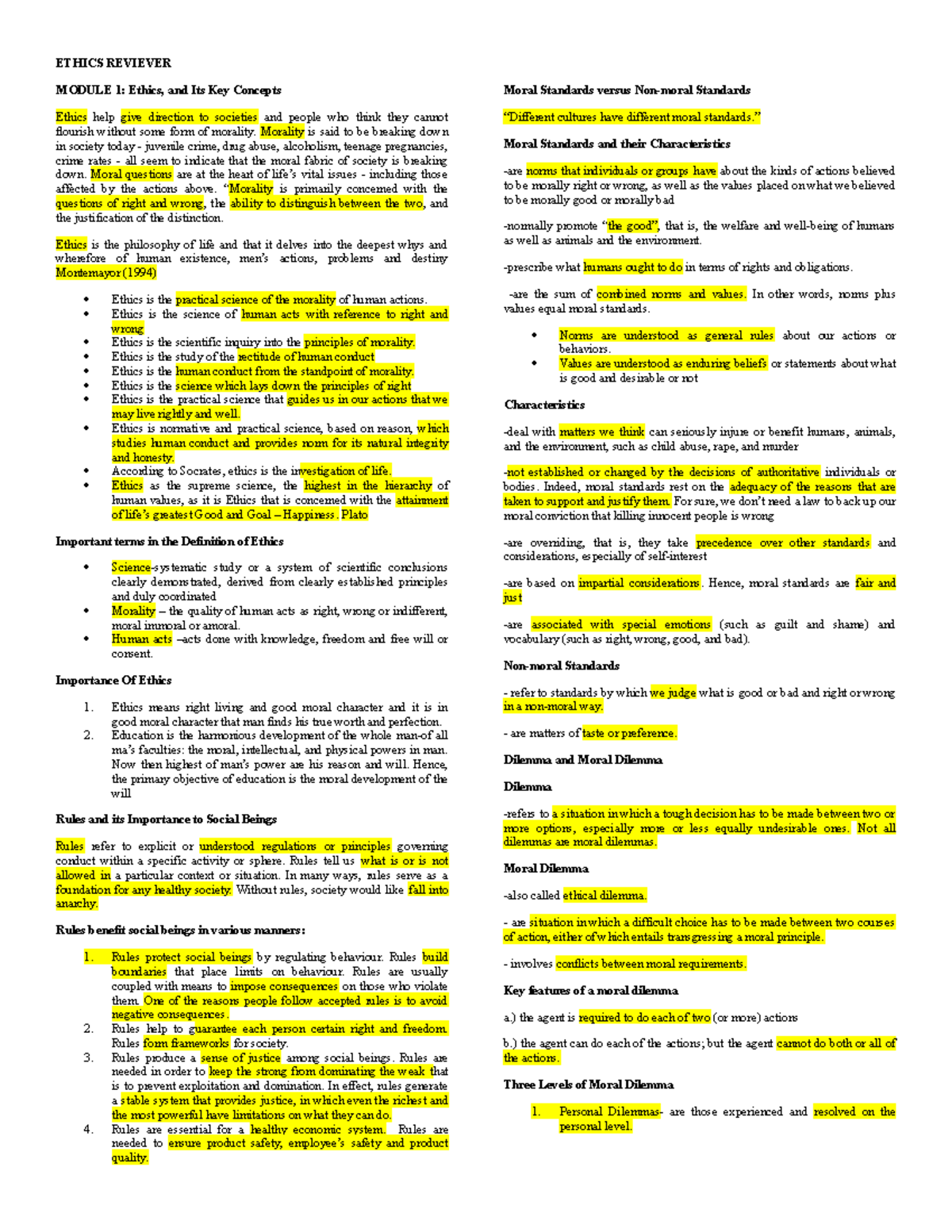 Reviewer Ethics_ Module 1 to 8 - ETHICS REVIEVER MODULE 1: Ethics, and ...