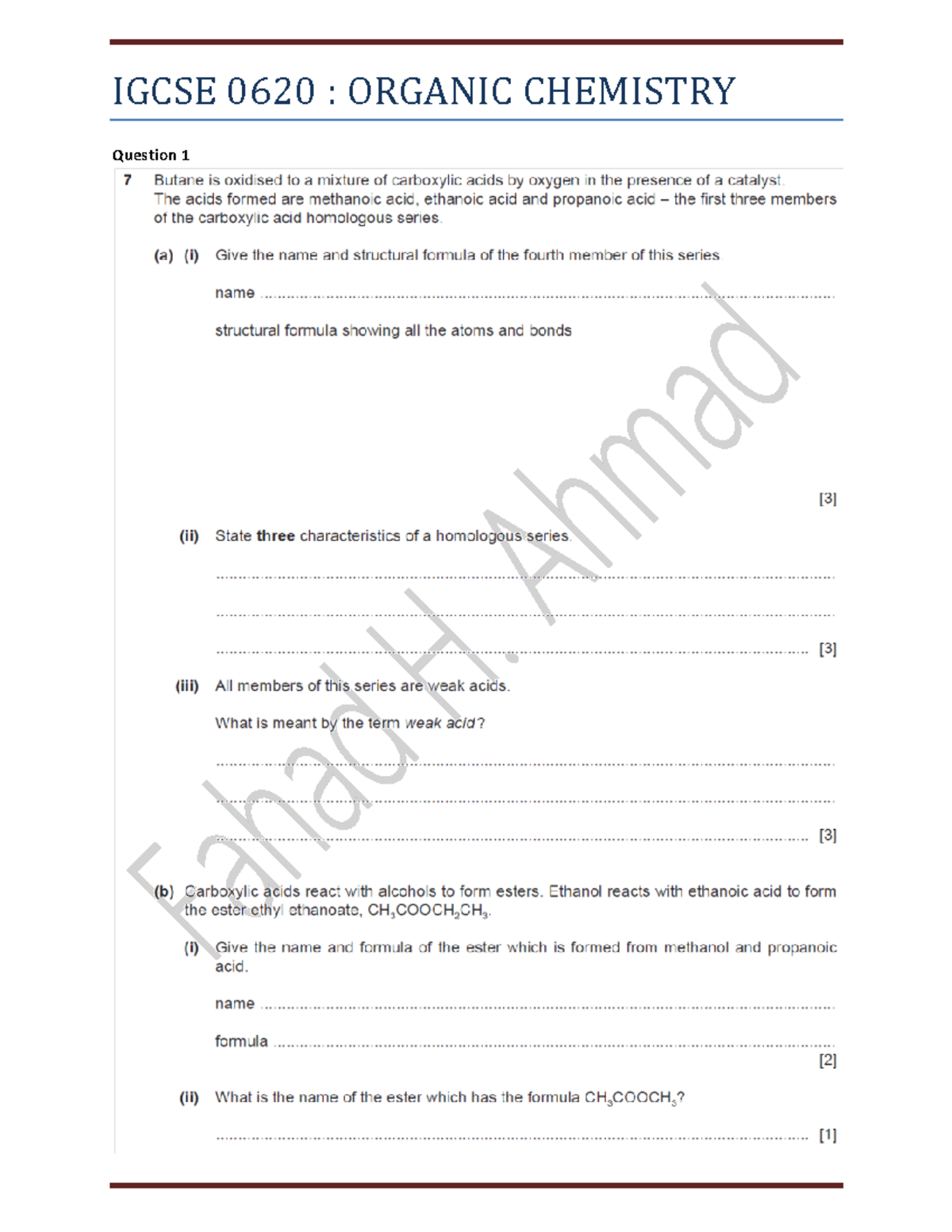 IGCSE 0620: Organic Chemistry Questions & Mark Schemes - Studocu