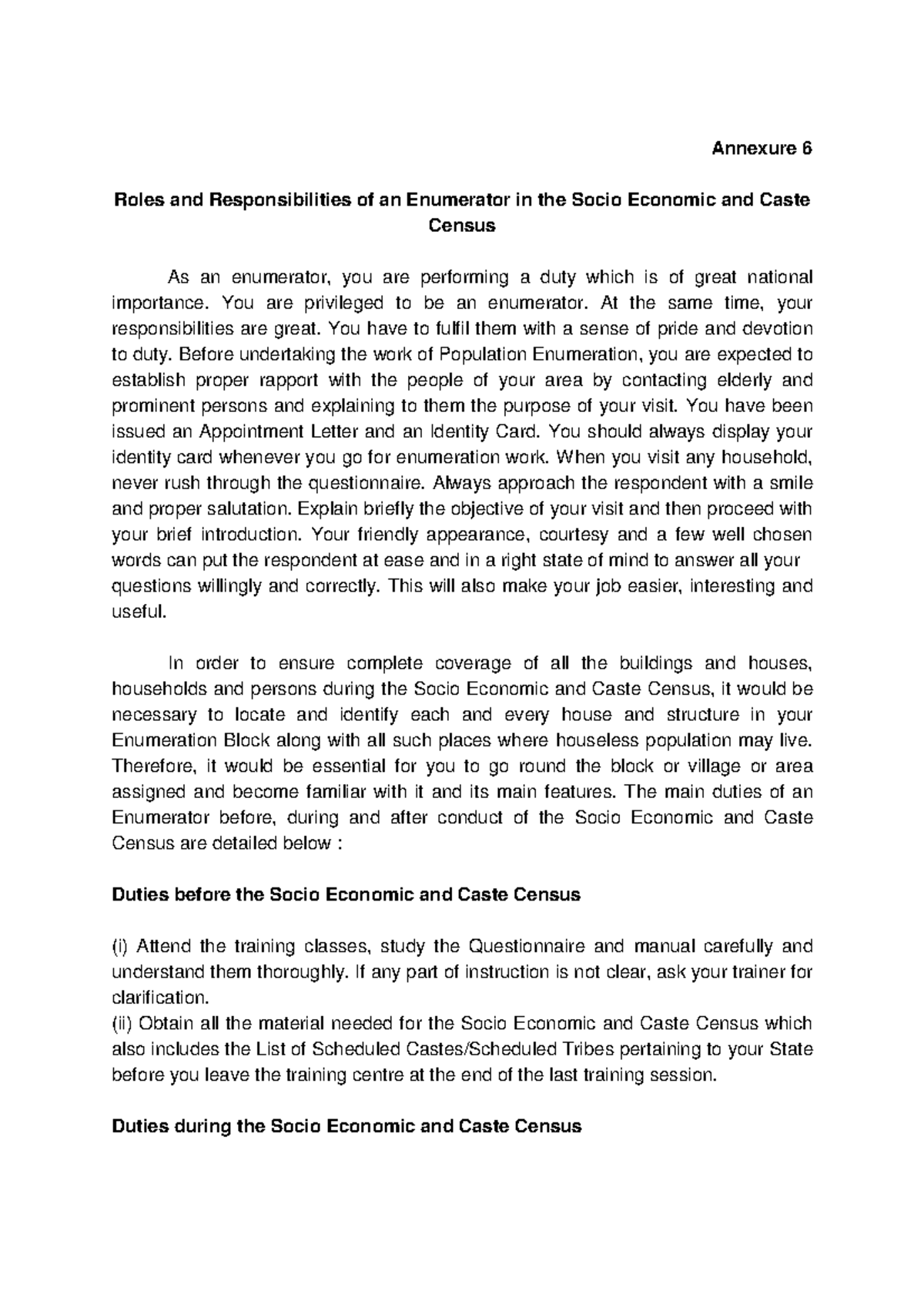 Enumerator Responsibilities in Socio Economic & Caste Census - Studocu
