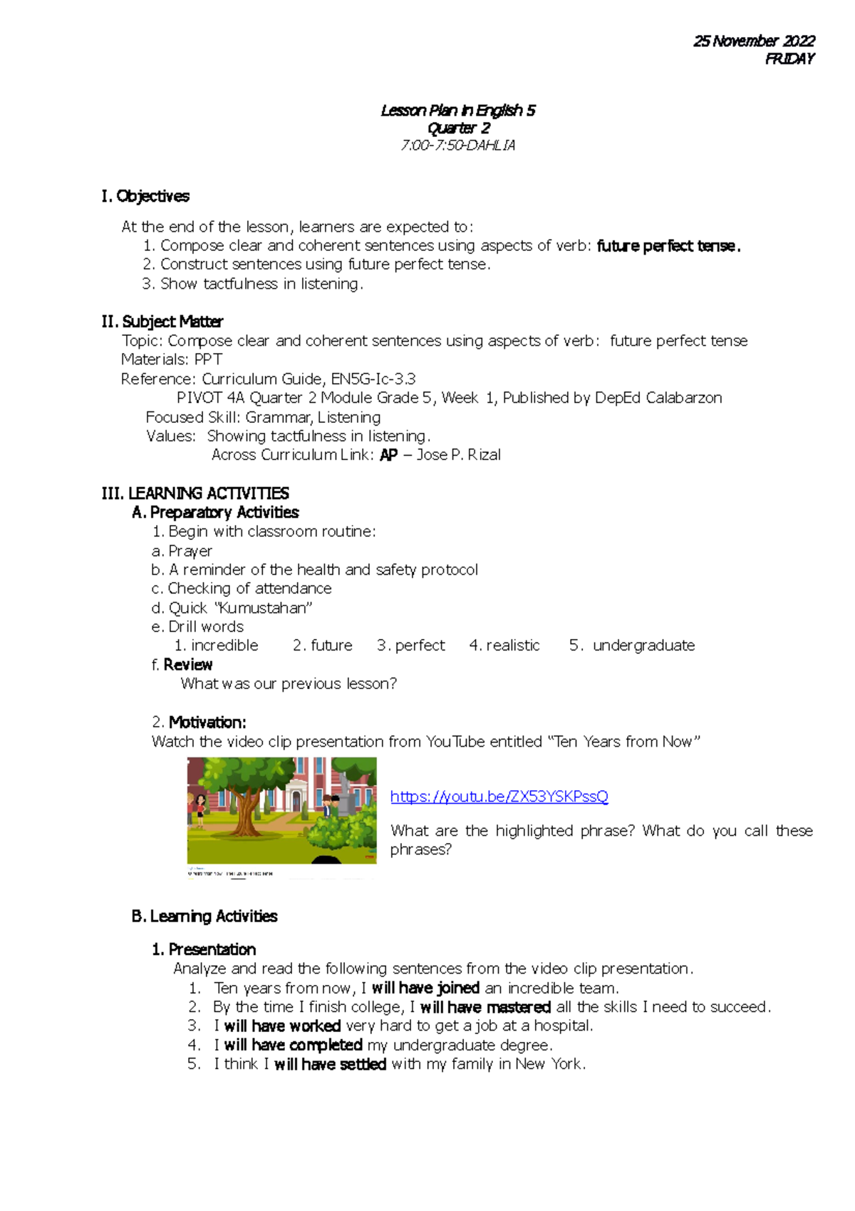 DLP-NOV.-24 Lesson Plan: Future Perfect Tense in English 5 - Studocu