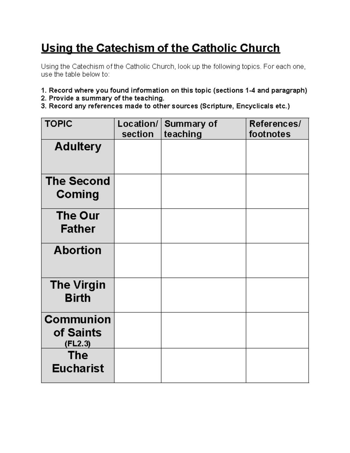 01b Using the Catechism Worksheet - Using the Catechism of the Catholic ...