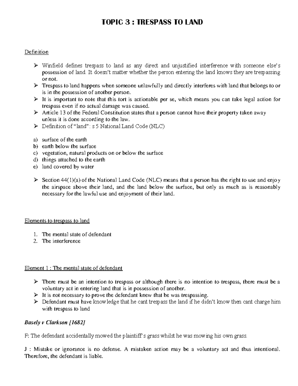 TORT LAW 3: Trespass to Land - Definitions & Key Cases - Studocu
