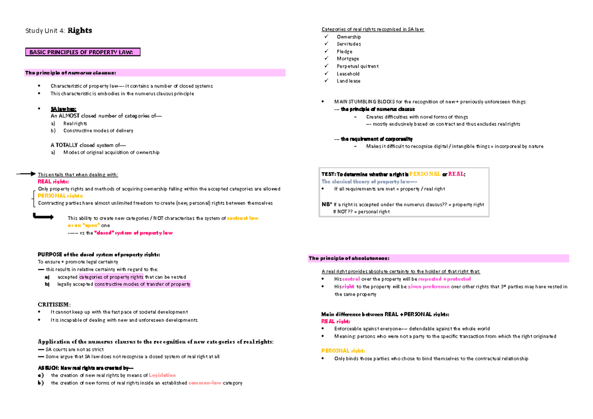 SU 4 - Study Unit 4: Principles of Property Law and Numerus Clausus ...