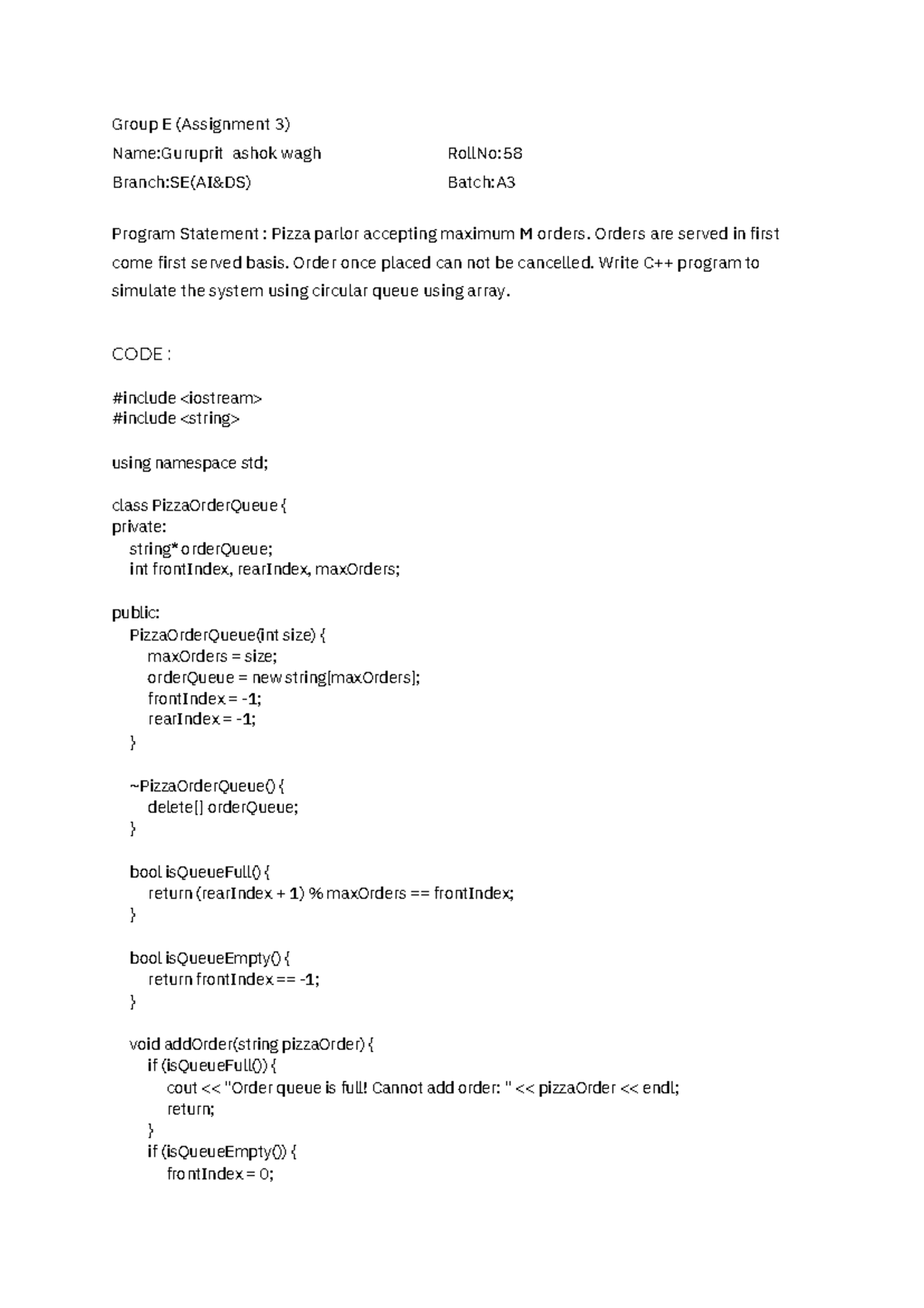 Group E (Assignment 3) - Pizza Order Queue Simulation Code - Studocu