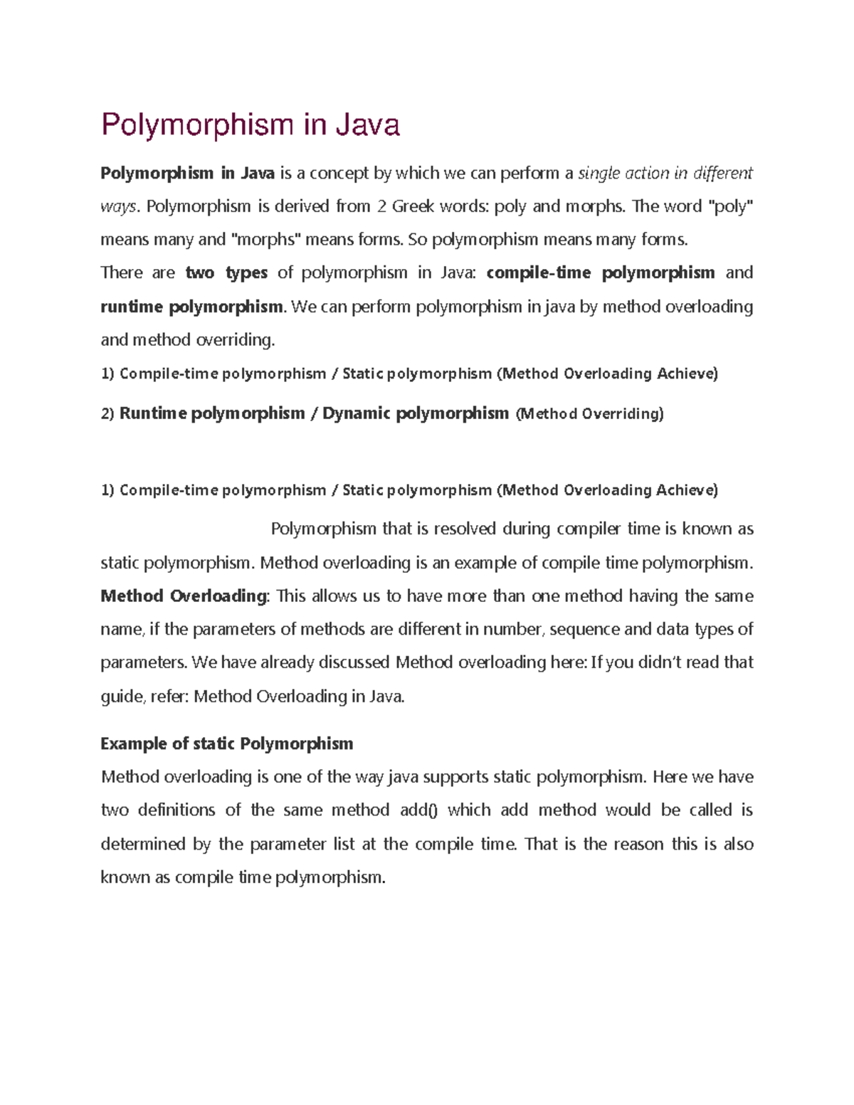 Polymorphism in Java: Concepts and Examples (CS101) - Studocu