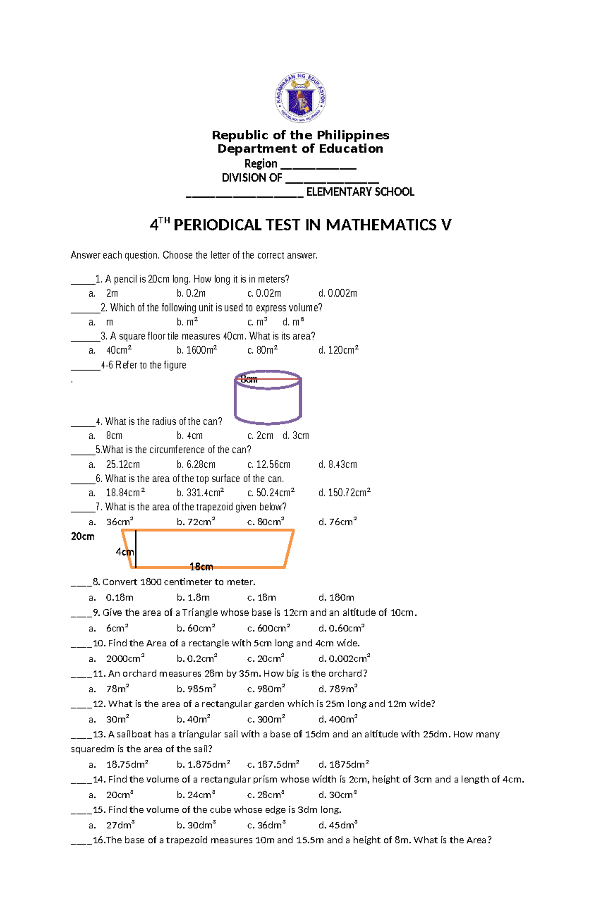 PT Mathematics 5 - Q4 V1 - This is a copy of 4th quarter examination in ...