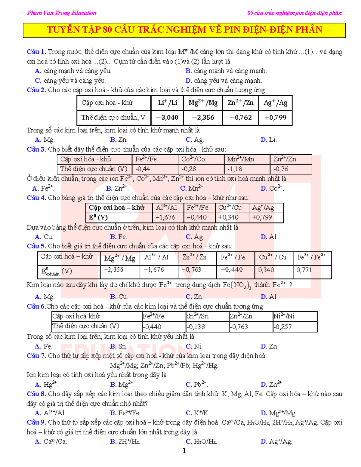 80 Câu Trắc Nghiệm Về Pin Điện - Điện Phân (Pham Van Trong Education ...