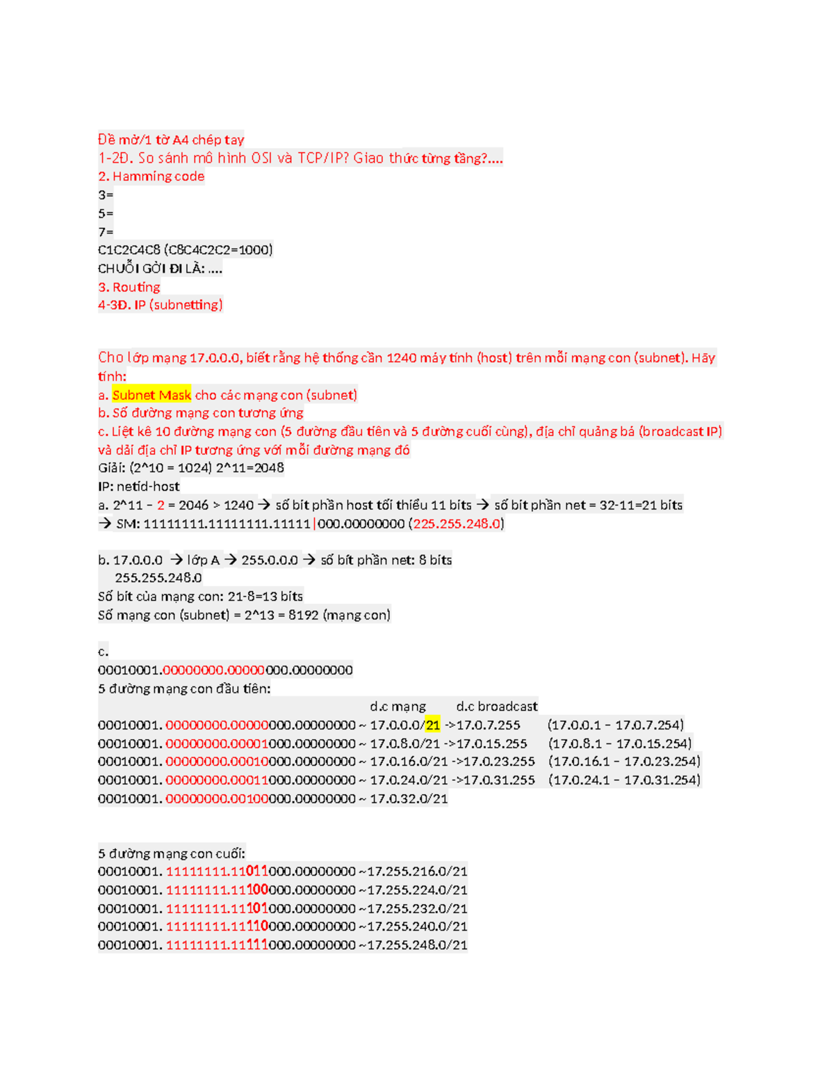 So sánh mô hình OSI và TCP/IP, mã Hamming, mạng IP (ĐBT 1) - Studocu