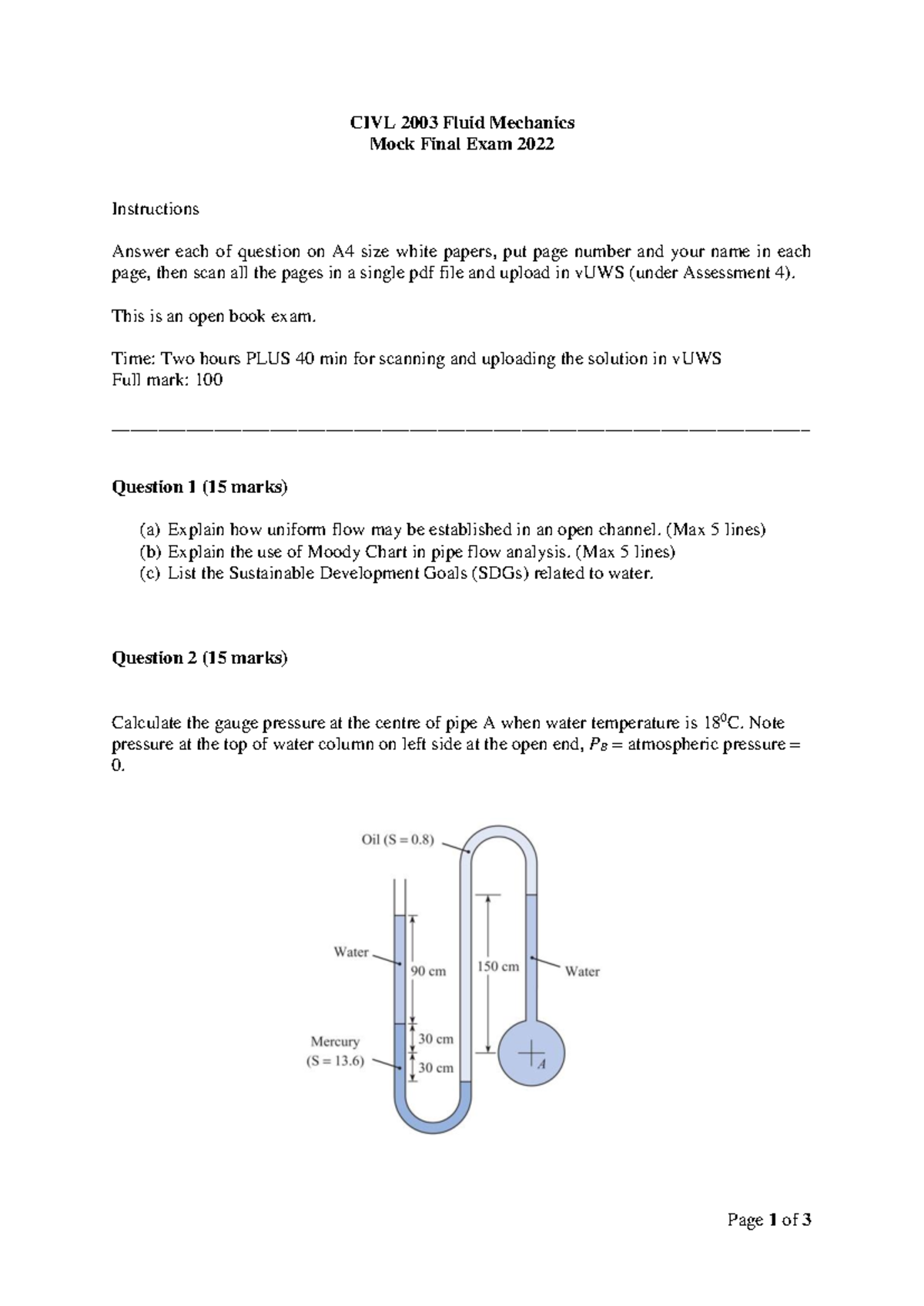 CIVL 2003 Fluid Mechanics Mock Final Exam Spring 2022 - Studocu