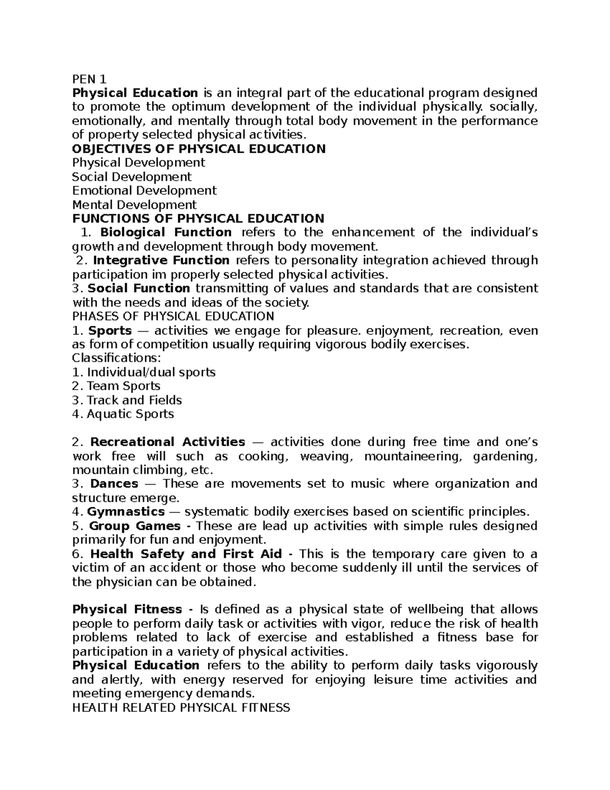 PEN 1 Physical Education: Objectives, Functions, and Fitness Principles ...