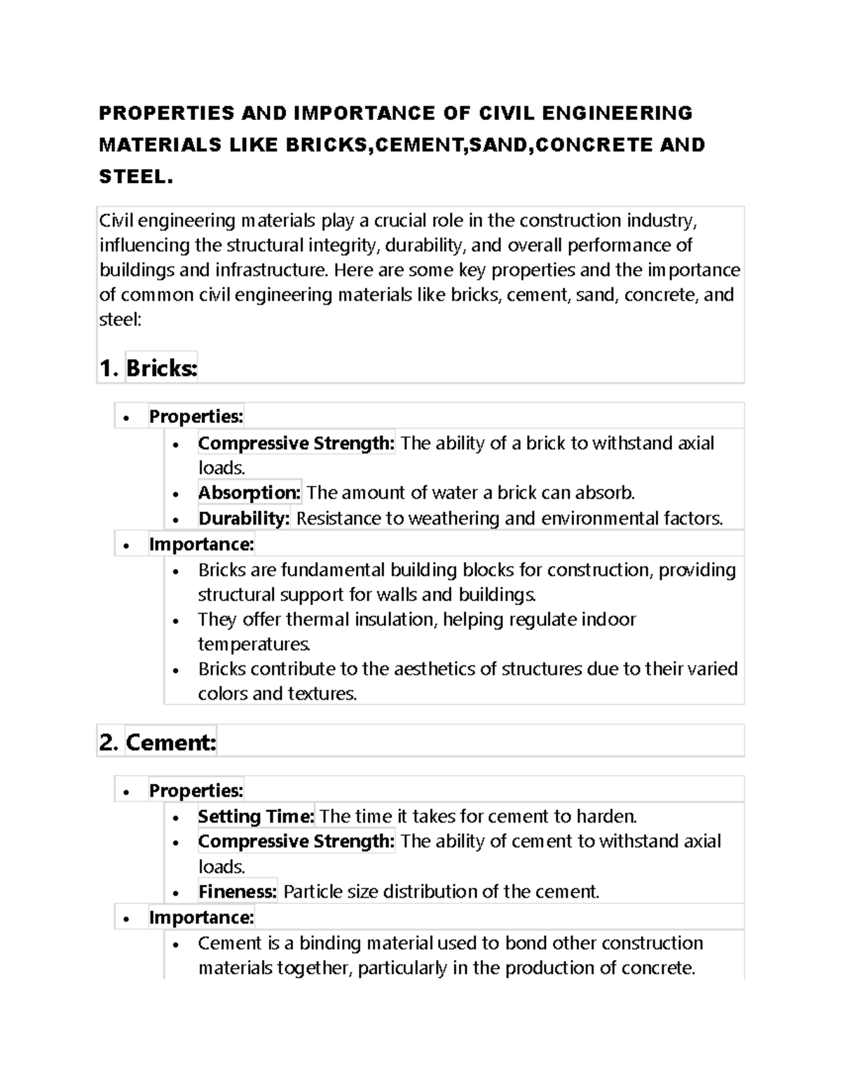 Basic Civil Engineering Unit 5: Properties of Key Materials - Studocu