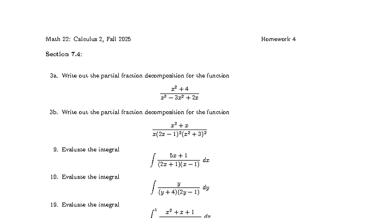 Math 22: Calculus 2, Fall 2025 Homework 4 - Partial Fractions ...