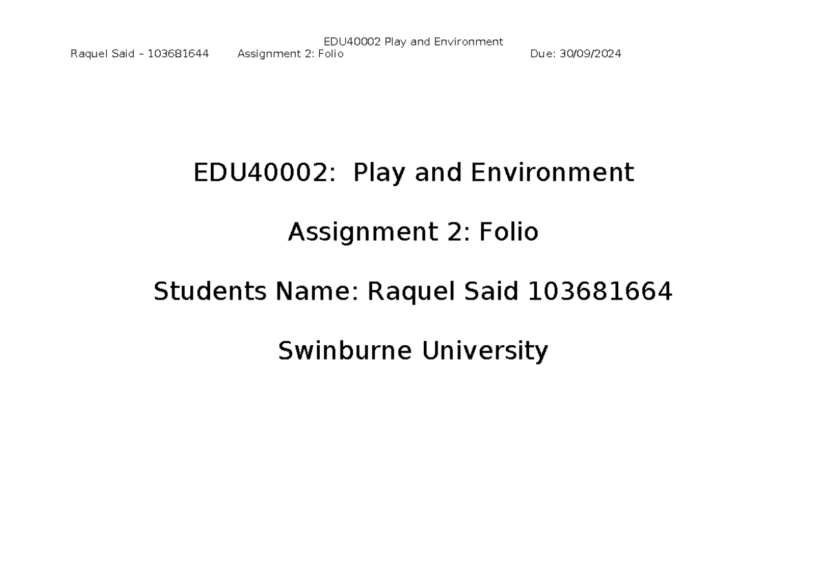 EDU40002 A2 - Early Childhood Outdoor & Indoor Learning Environment ...