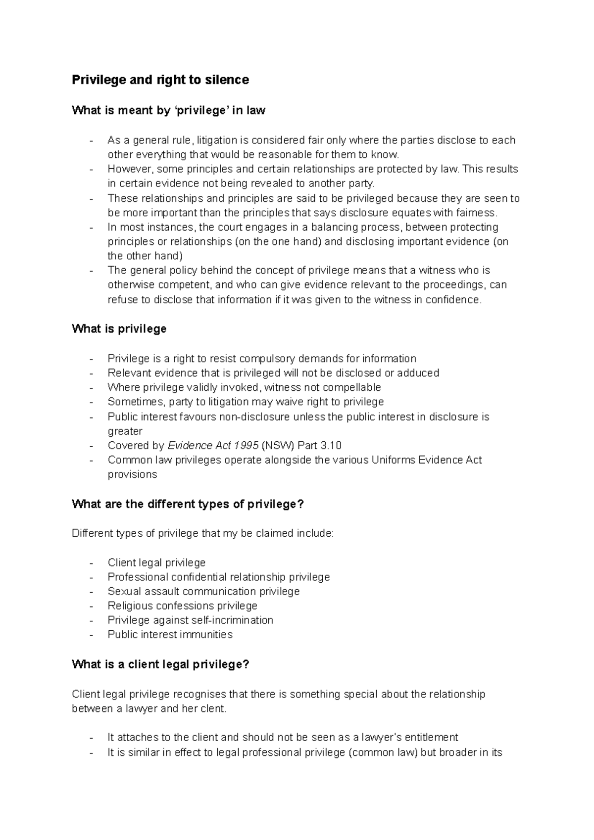 Evidence Lecture 4: Understanding Privilege and Right to Silence - Studocu