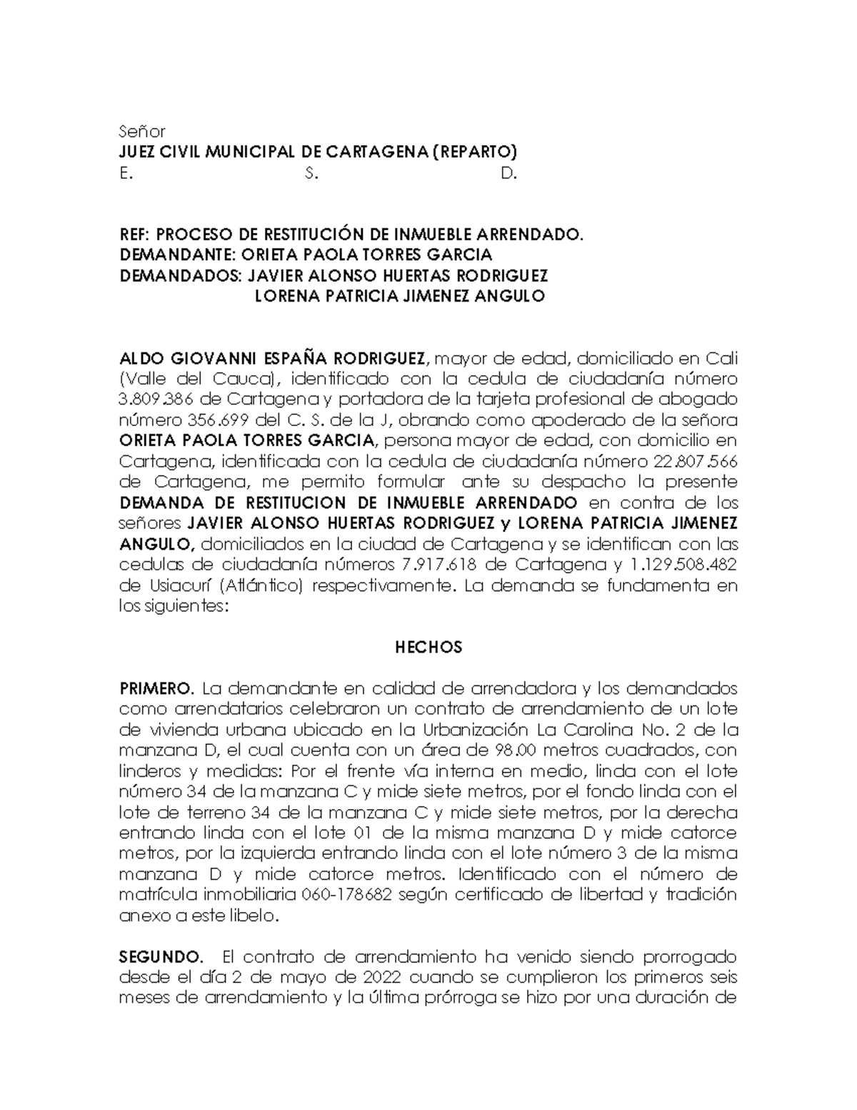 Demanda de Restitución de Inmueble Arrendado - Orieta Torres - Studocu
