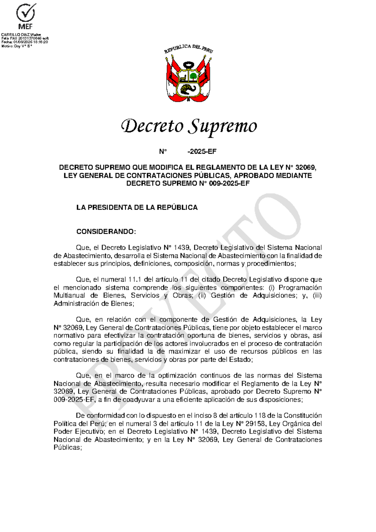 Decreto Supremo: Modificaciones al Reglamento de la Ley 32069 - Studocu